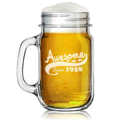 16oz Mason Jar Glass Mug w/ Handle Funny 60th Birthday Awesome Since 1958