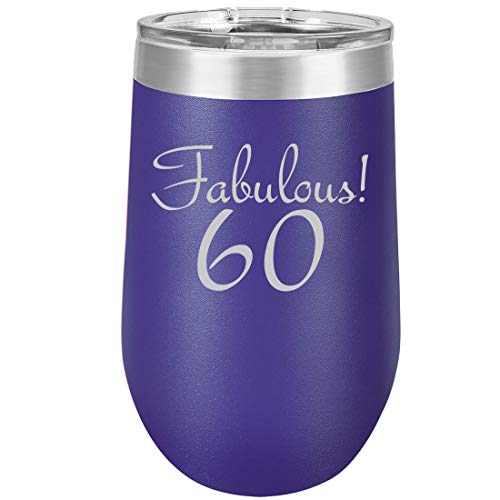 16 oz Double Wall Vacuum Insulated Stainless Steel Stemless Wine Tumbler Glass Coffee Travel Mug With Lid Fabulous 60 60th Birthday (Purple)