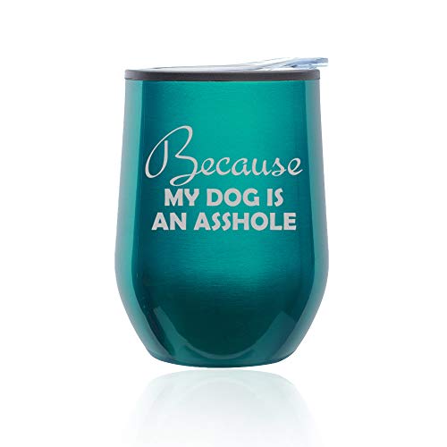 Stemless Wine Tumbler Coffee Travel Mug Glass With Lid Because My Dog Funny (Turquoise Teal)