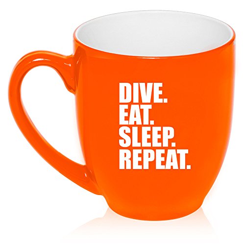 16 oz Large Bistro Mug Ceramic Coffee Tea Glass Cup Dive Eat Sleep Repeat (Orange)