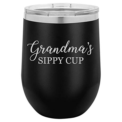 12 oz Double Wall Vacuum Insulated Stainless Steel Stemless Wine Tumbler Glass Coffee Travel Mug With Lid Grandma's Sippy Cup Grandmother Funny (Black)