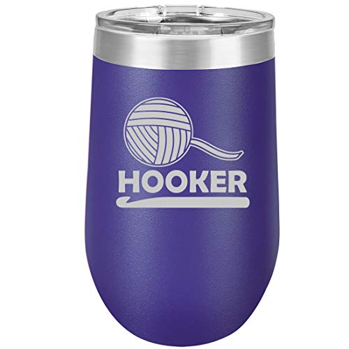 16 oz Double Wall Vacuum Insulated Stainless Steel Stemless Wine Tumbler Glass Coffee Travel Mug With Lid Funny Crochet Hooker (Purple)