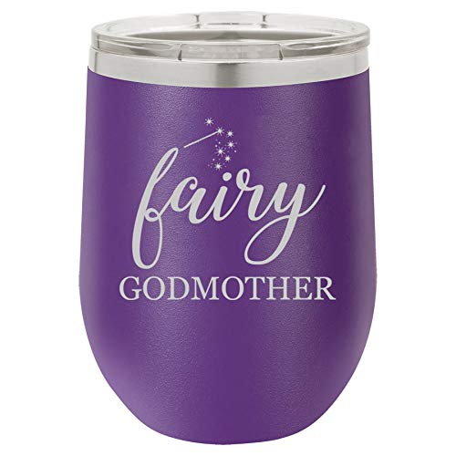 12 oz Double Wall Vacuum Insulated Stainless Steel Stemless Wine Tumbler Glass Coffee Travel Mug With Lid Fairy Godmother (Purple)