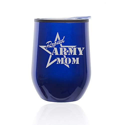 Stemless Wine Tumbler Coffee Travel Mug Glass With Lid Proud Army Mom (Blue)