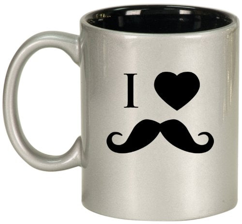 I Love Heart Mustache Ceramic Coffee Tea Mug Cup Silver Black