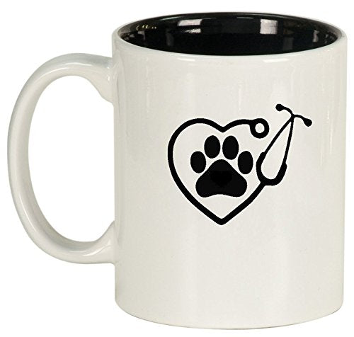 Ceramic Coffee Tea Mug Cup Heart Stethoscope Vet Tech Veterinarian (White)