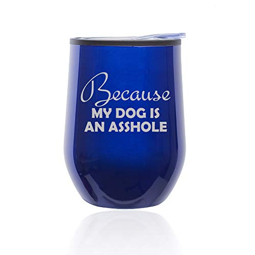 Stemless Wine Tumbler Coffee Travel Mug Glass With Lid Because My Dog Funny (Blue)