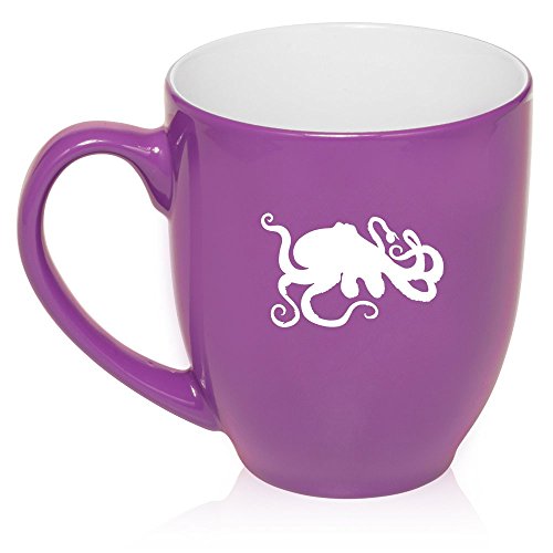16 oz Large Bistro Mug Ceramic Coffee Tea Glass Cup Octopus and Tentacles (Purple)