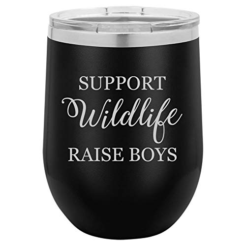12 oz Double Wall Vacuum Insulated Stainless Steel Stemless Wine Tumbler Glass Coffee Travel Mug With Lid Support Wildlife Raise Boys Mom Mother Of Boys Funny (Black)
