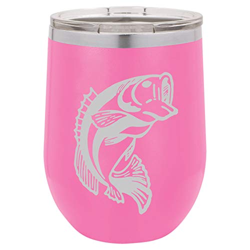 12 oz Double Wall Vacuum Insulated Stainless Steel Stemless Wine Tumbler Glass Coffee Travel Mug With Lid Bass Fish (Hot-Pink)