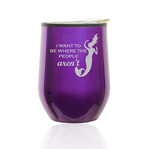 Stemless Wine Tumbler Coffee Travel Mug Glass With Lid I Want To Be Where The People Aren't Mermaid (Royal Purple)
