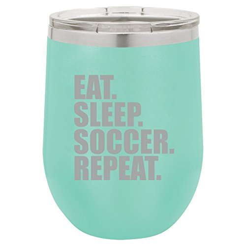 12 oz Double Wall Vacuum Insulated Stainless Steel Stemless Wine Tumbler Glass Coffee Travel Mug With Lid Eat Sleep Soccer Repeat (Teal)