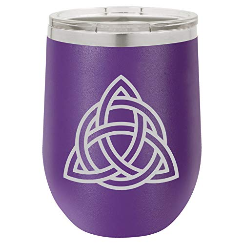 12 oz Double Wall Vacuum Insulated Stainless Steel Stemless Wine Tumbler Glass Coffee Travel Mug With Lid Triquetra Symbol Celtic Knot (Purple)