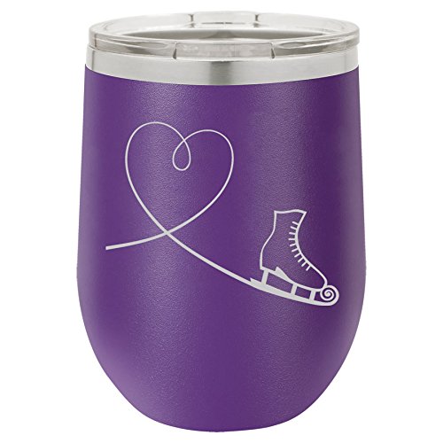 12 oz Double Wall Vacuum Insulated Stainless Steel Stemless Wine Tumbler Glass Coffee Travel Mug With Lid Heart Love Ice Skating (Purple)