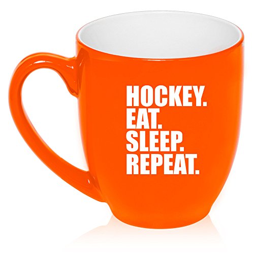 16 oz Large Bistro Mug Ceramic Coffee Tea Glass Cup Hockey Eat Sleep Repeat (Orange)