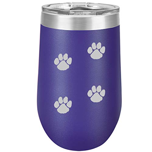 16 oz Double Wall Vacuum Insulated Stainless Steel Stemless Wine Tumbler Glass Coffee Travel Mug With Lid Paw Prints Walking (Purple)