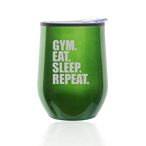 Stemless Wine Tumbler Coffee Travel Mug Glass With Lid Gym Eat Sleep Repeat (Green)