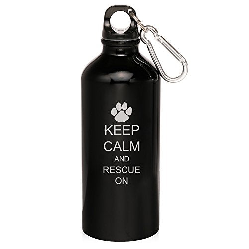 20oz Aluminum Sports Water Bottle Caribiner Clip Keep Calm and Rescue On Animals (Black)