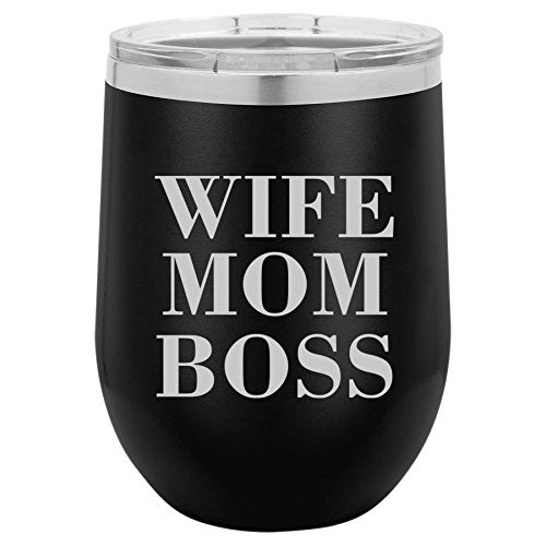12 oz Double Wall Vacuum Insulated Stainless Steel Stemless Wine Tumbler Glass Coffee Travel Mug With Lid Wife Mom Boss (Black)