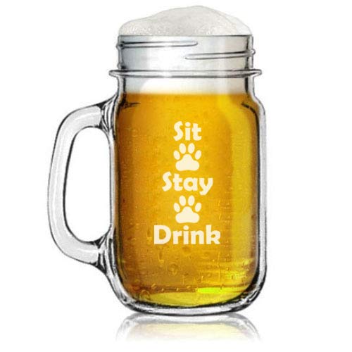 16oz Mason Jar Glass Mug w/Handle Sit Stay Drink Funny Paw Prints Dog Cat Animal Lover