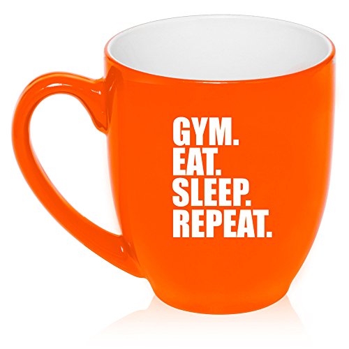16 oz Large Bistro Mug Ceramic Coffee Tea Glass Cup Gym Eat Sleep Repeat (Orange)
