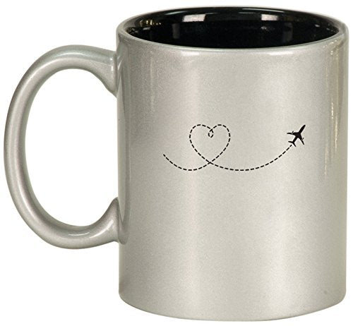 Ceramic Coffee Tea Mug Heart Love Travel Airplane (Silver)