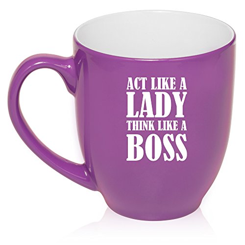 16 oz Large Bistro Mug Ceramic Coffee Tea Glass Cup Act Like A Lady Think Like A Boss (Purple)
