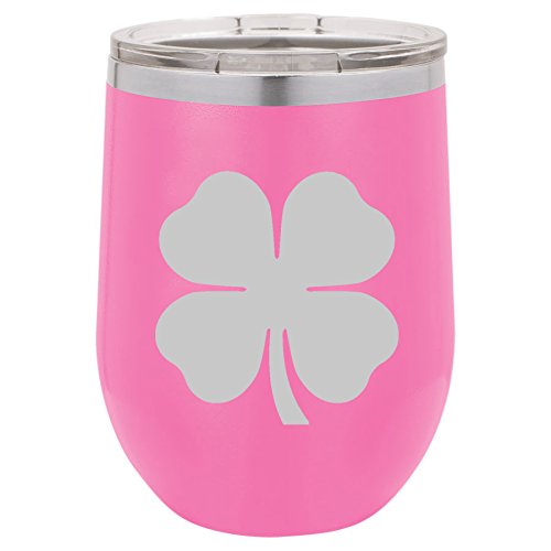 12 oz Double Wall Vacuum Insulated Stainless Steel Stemless Wine Tumbler Glass Coffee Travel Mug With Lid 4 Leaf Clover Shamrock (Hot-Pink)