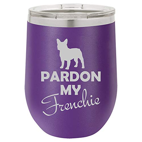 12 oz Double Wall Vacuum Insulated Stainless Steel Stemless Wine Tumbler Glass Coffee Travel Mug With Lid Pardon My Frenchie French Bulldog (Purple)