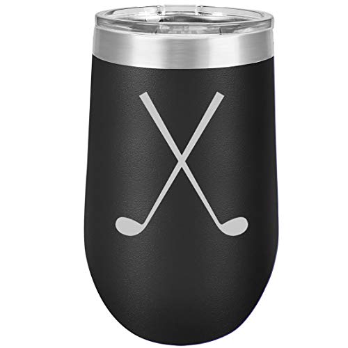 16 oz Double Wall Vacuum Insulated Stainless Steel Stemless Wine Tumbler Glass Coffee Travel Mug With Lid Crossed Golf Clubs (Black)