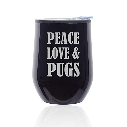 Stemless Wine Tumbler Coffee Travel Mug Glass With Lid Peace Love & Pugs (Midnight Black)