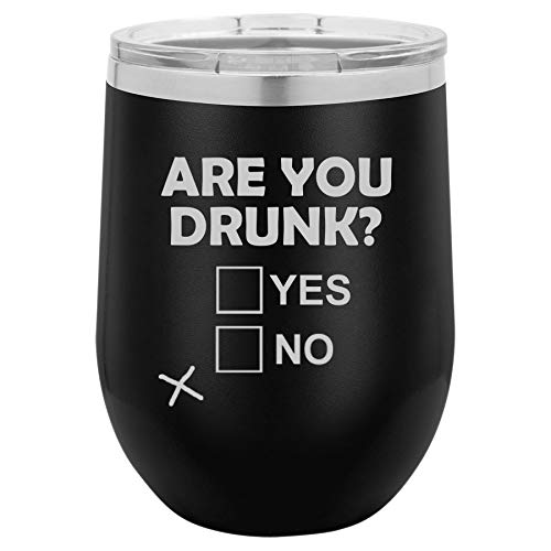 12 oz Double Wall Vacuum Insulated Stainless Steel Stemless Wine Tumbler Glass Coffee Travel Mug With Lid Are You Drunk Funny (Black)