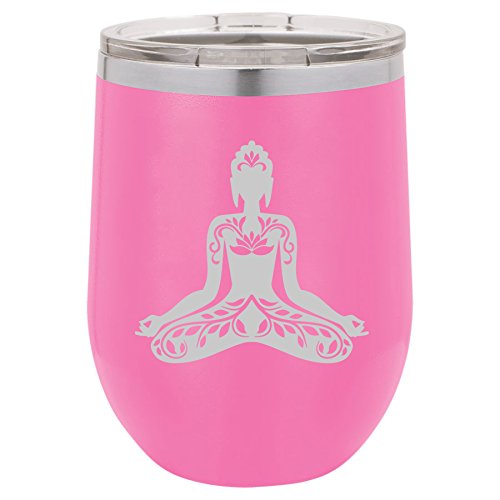 12 oz Double Wall Vacuum Insulated Stainless Steel Stemless Wine Tumbler Glass Coffee Travel Mug With Lid Buddha Yoga Lotus (Hot-Pink)