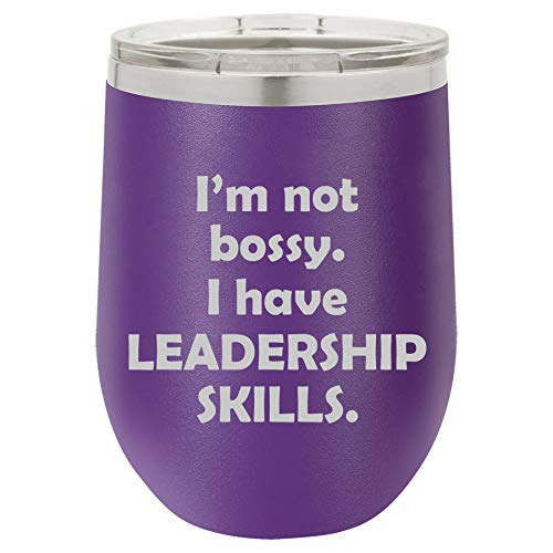 12 oz Double Wall Vacuum Insulated Stainless Steel Stemless Wine Tumbler Glass Coffee Travel Mug With Lid Funny I'm Not Bossy. I Have Leadership Skills (Purple)