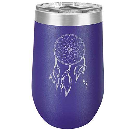16 oz Double Wall Vacuum Insulated Stainless Steel Stemless Wine Tumbler Glass Coffee Travel Mug With Lid Dreamcatcher With Feathers (Purple)