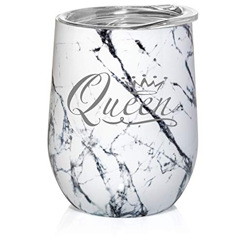 12 oz Double Wall Vacuum Insulated Stainless Steel Marble Stemless Wine Tumbler Glass Coffee Travel Mug With Lid Queen Fancy (Black White Marble)