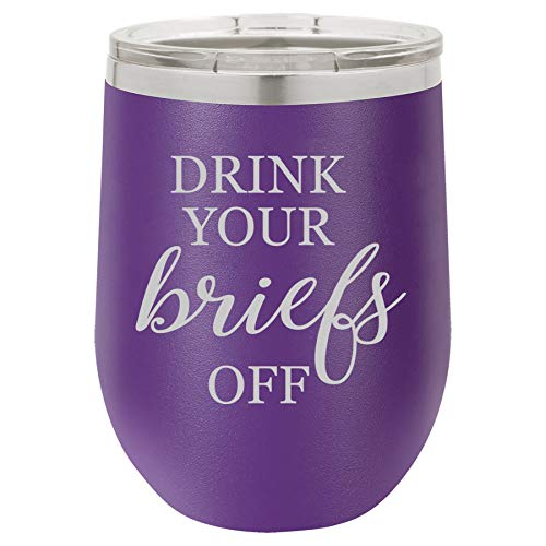 12 oz Double Wall Vacuum Insulated Stainless Steel Stemless Wine Tumbler Glass Coffee Travel Mug With Lid Drink Your Briefs Off Lawyer Law School Attorney Funny (Purple)