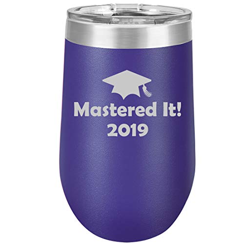 16 oz Double Wall Vacuum Insulated Stainless Steel Stemless Wine Tumbler Glass Coffee Travel Mug With Lid Mastered It 2019 Graduation Masters Degree (Purple)