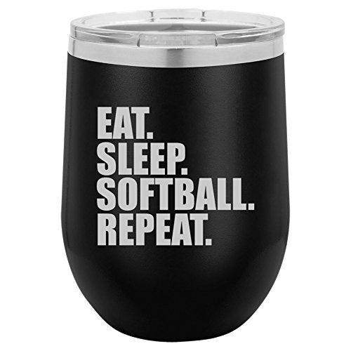 12 oz Double Wall Vacuum Insulated Stainless Steel Stemless Wine Tumbler Glass Coffee Travel Mug With Lid Eat Sleep Softball Repeat (Black)