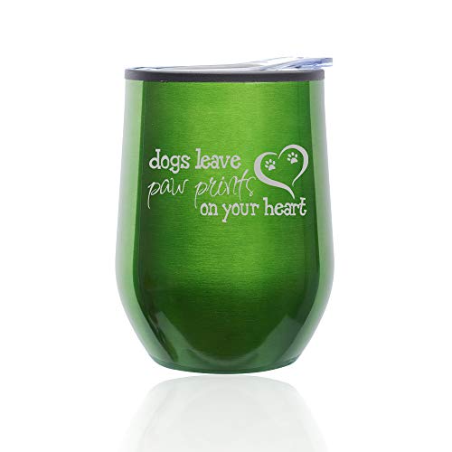 Stemless Wine Tumbler Coffee Travel Mug Glass With Lid Dogs Leave Paw Prints (Green)