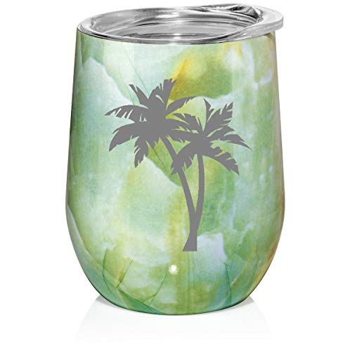 12 oz Double Wall Vacuum Insulated Stainless Steel Marble Stemless Wine Tumbler Glass Coffee Travel Mug With Lid Palm Trees (Turquoise Green Marble)