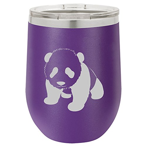 12 oz Double Wall Vacuum Insulated Stainless Steel Stemless Wine Tumbler Glass Coffee Travel Mug With Lid Baby Panda (Purple)