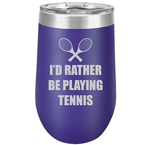 16 oz Double Wall Vacuum Insulated Stainless Steel Stemless Wine Tumbler Glass Coffee Travel Mug With Lid I'd Rather Be Playing Tennis (Purple)