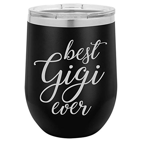 12 oz Double Wall Vacuum Insulated Stainless Steel Stemless Wine Tumbler Glass Coffee Travel Mug With Lid Best Gigi Ever Grandma Grandmother (Black)