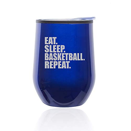 Stemless Wine Tumbler Coffee Travel Mug Glass With Lid Eat Sleep Basketball Repeat (Blue)