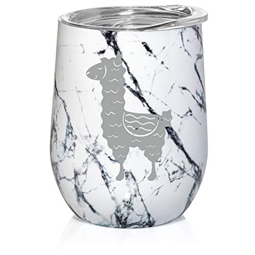 12 oz Double Wall Vacuum Insulated Stainless Steel Marble Stemless Wine Tumbler Glass Coffee Travel Mug With Lid Cute Llama (Black White Marble)