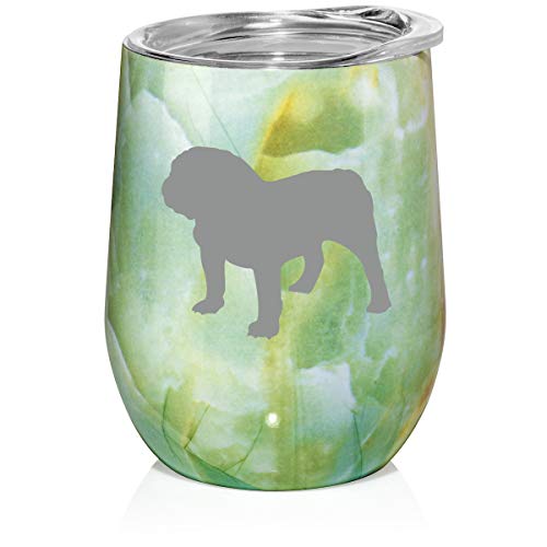 12 oz Double Wall Vacuum Insulated Stainless Steel Marble Stemless Wine Tumbler Glass Coffee Travel Mug With Lid Bulldog (Turquoise Green Marble)