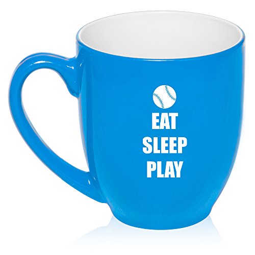16 oz Large Bistro Mug Ceramic Coffee Tea Glass Cup Eat Sleep Play Baseball Softball (Light Blue)