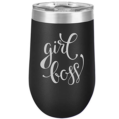16 oz Double Wall Vacuum Insulated Stainless Steel Stemless Wine Tumbler Glass Coffee Travel Mug With Lid Girl Boss
