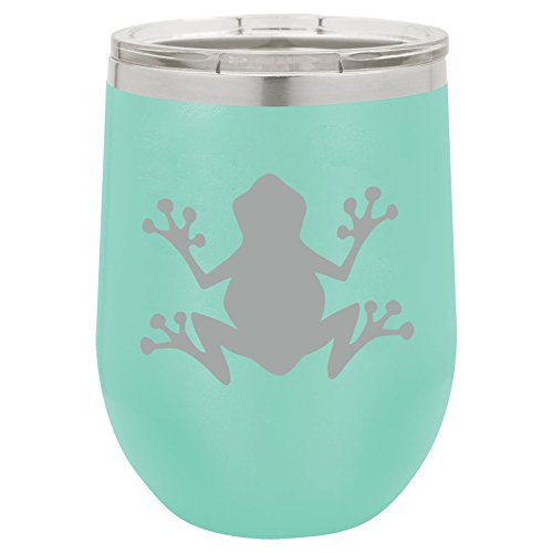 12 oz Double Wall Vacuum Insulated Stainless Steel Stemless Wine Tumbler Glass Coffee Travel Mug With Lid Frog (Teal)